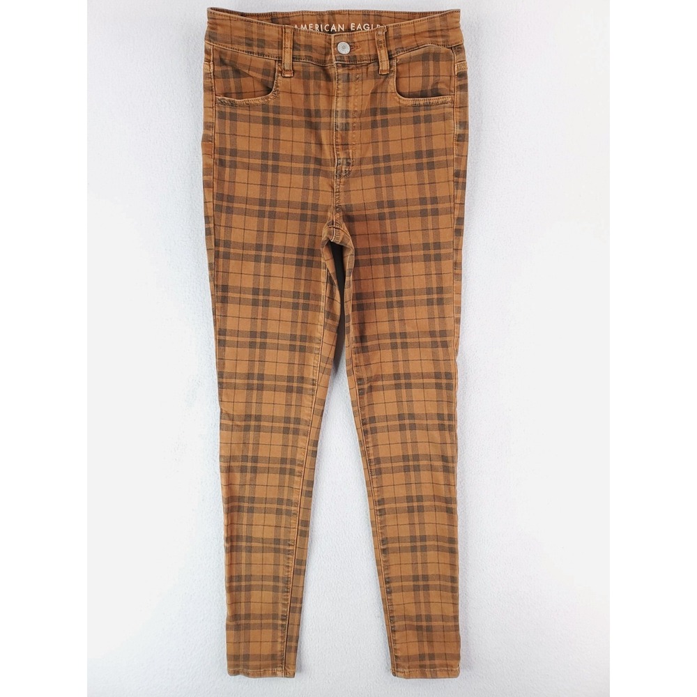 American Eagle Jeans Womens 4 Tan Plaid Super Hi Rise Jegging Stretch Pants